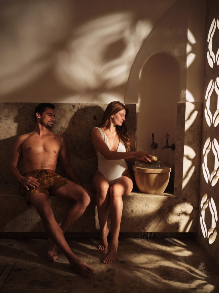 Couple relaxing in the traditional hammam at Pietra Calda Spa
